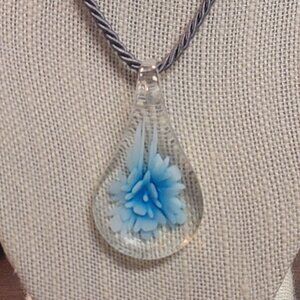 Handblown Glass Teardrop Pendant Necklace Blue Floral Design Twisted Cord
